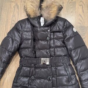 Moncler Dark Coffee Brown Almost Black Down Puffer Coat with Fur Trim